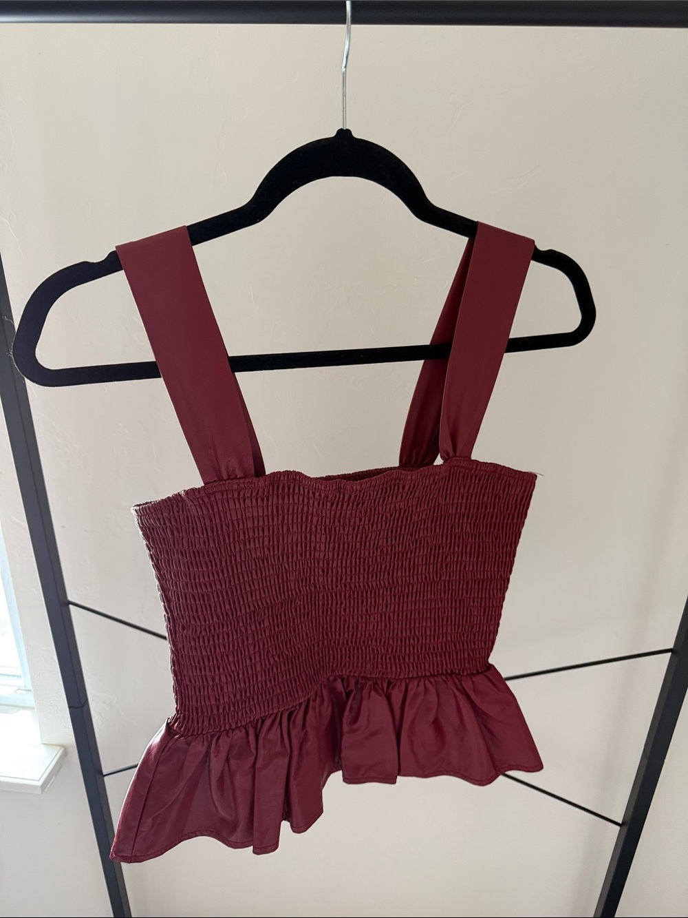 TCEC Burgundy Smocked Peplum Crop Top